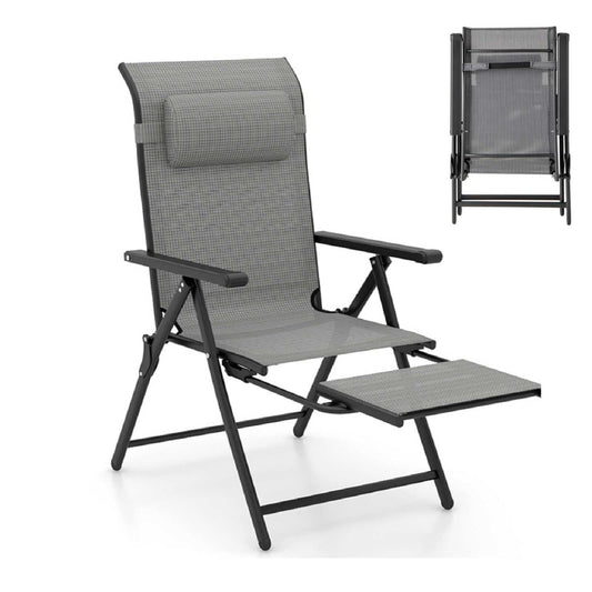 Folding Patio Chair with 10-Level Adjustable Backrest and Armrests-Grey