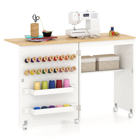 Folding Sewing Table in Natural and White