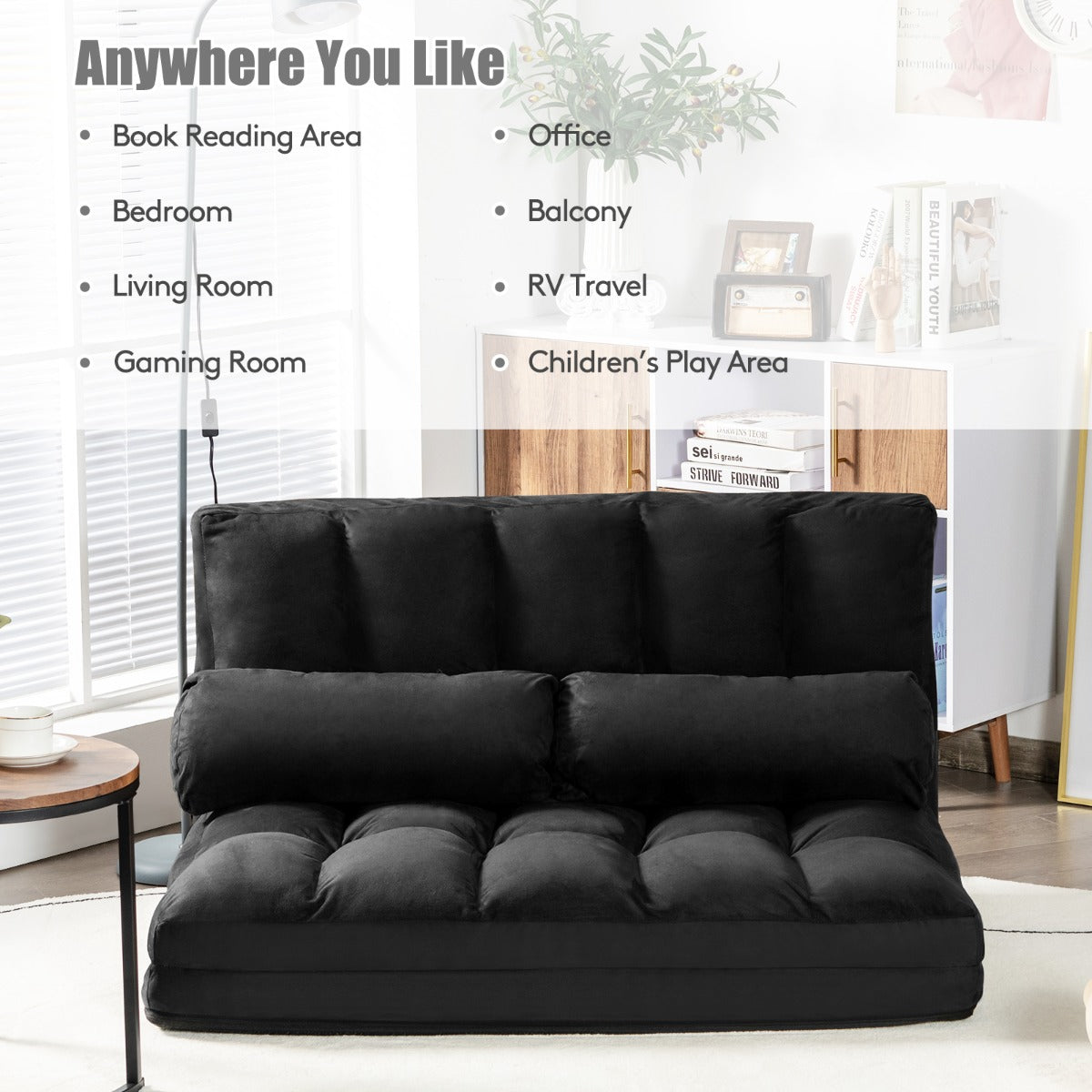 Foldable Floor 6-Position Adjustable Lounge Couch-Black