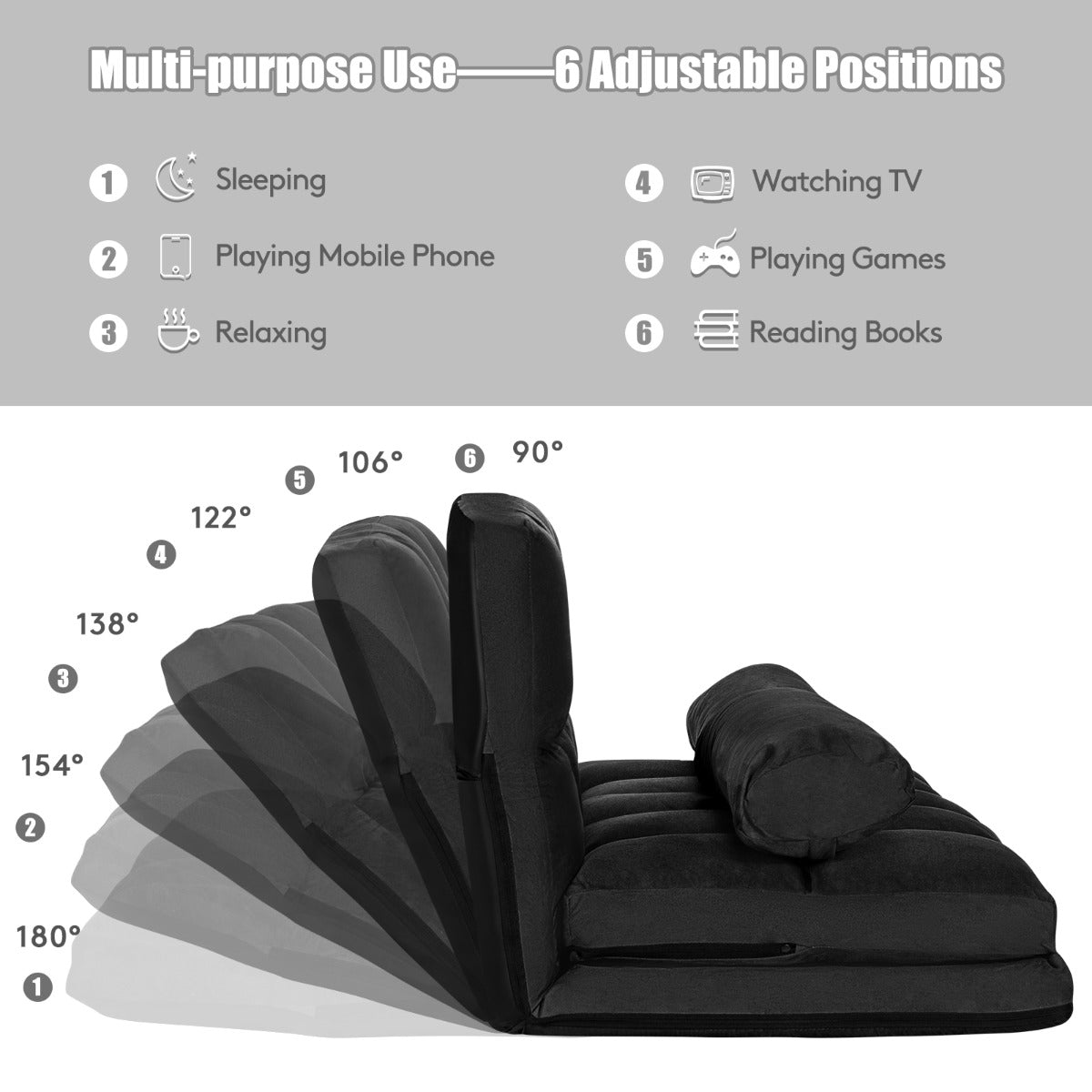 Foldable Floor 6-Position Adjustable Lounge Couch-Black