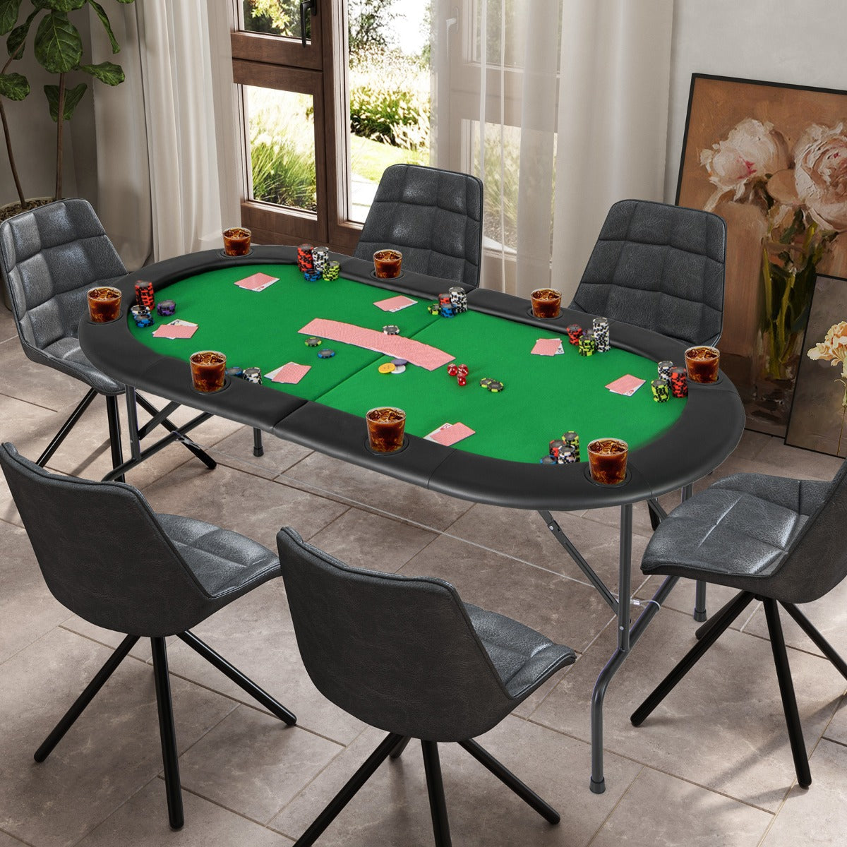 Folding Cardboard Game Table with 8 Cup Holders and Comfy Armrests-Green