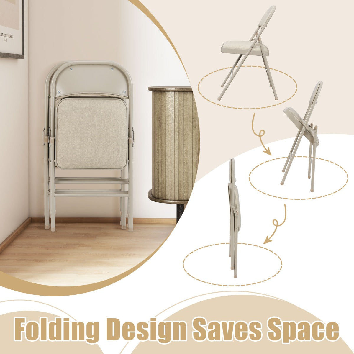 Set of 4 Folding Fabric Padded Chairs with Sponge Seat and Backrest-Beige