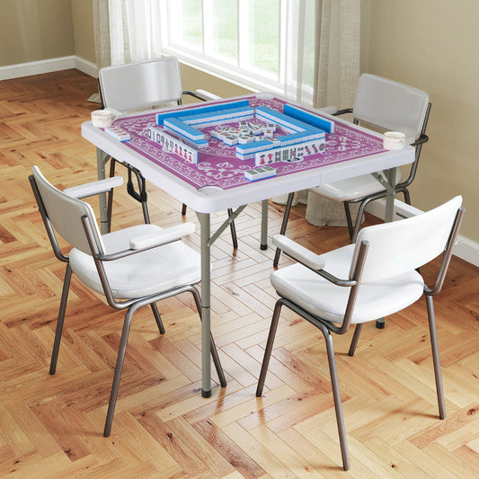 Folding Mahjong Table with Cup Holders and Removable Game Mat-Pink