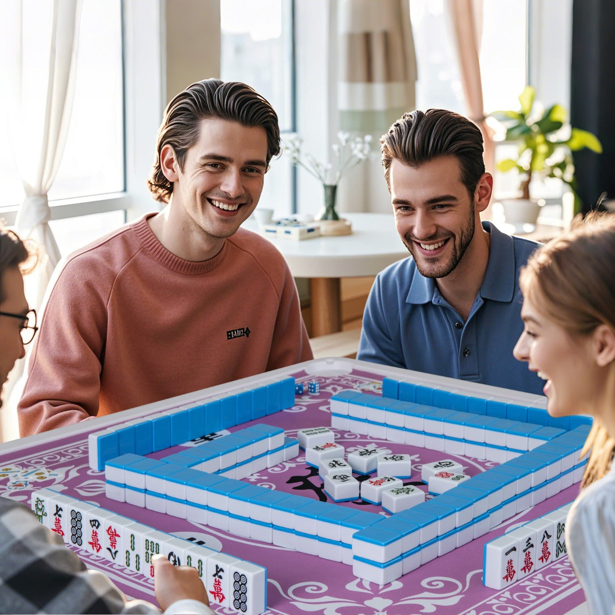 Folding Mahjong Table with Cup Holders and Removable Game Mat-Pink