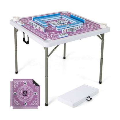 Folding Mahjong Table with Cup Holders and Removable Game Mat-Pink