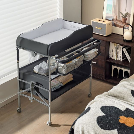 Folding Nursery Changing Table with Lockable Wheels and Storage Basket-Black