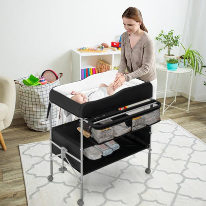 Folding Nursery Changing Table with Lockable Wheels and Storage Basket-Black