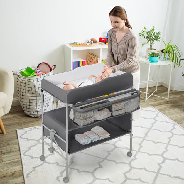 Folding Nursery Changing Table with Lockable Wheels and Storage Basket-Grey