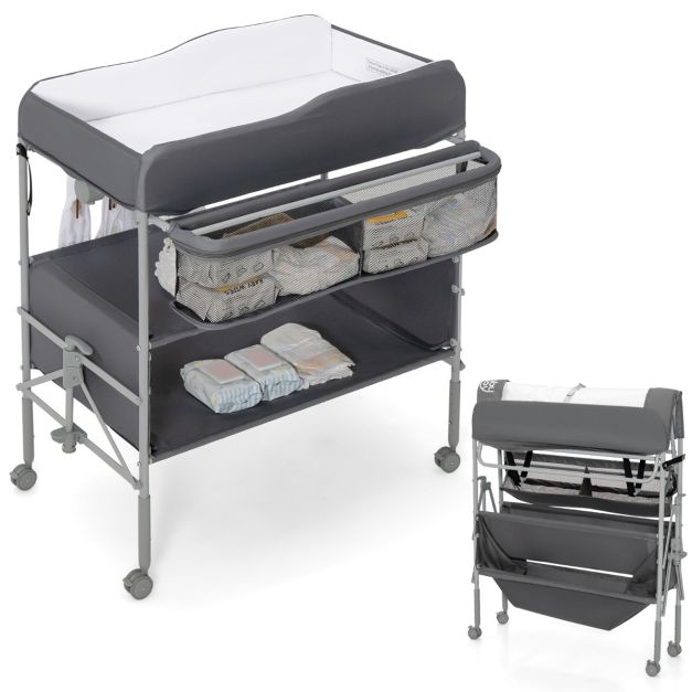 Folding Nursery Changing Table with Lockable Wheels and Storage Basket-Grey