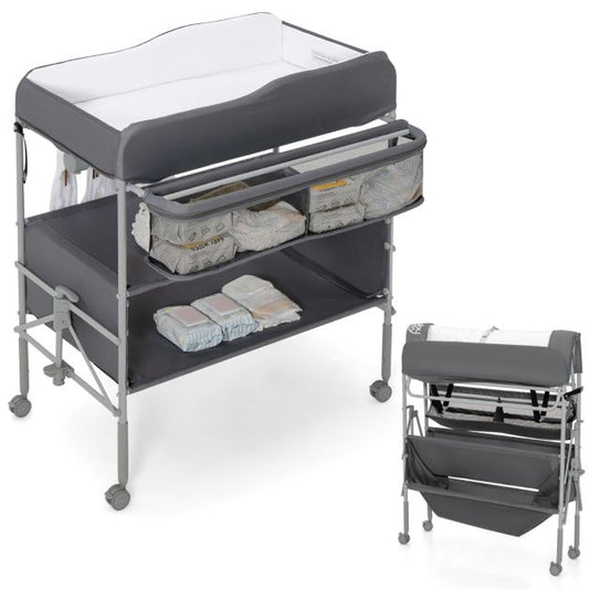Folding Nursery Changing Table with Lockable Wheels and Storage Basket-Grey