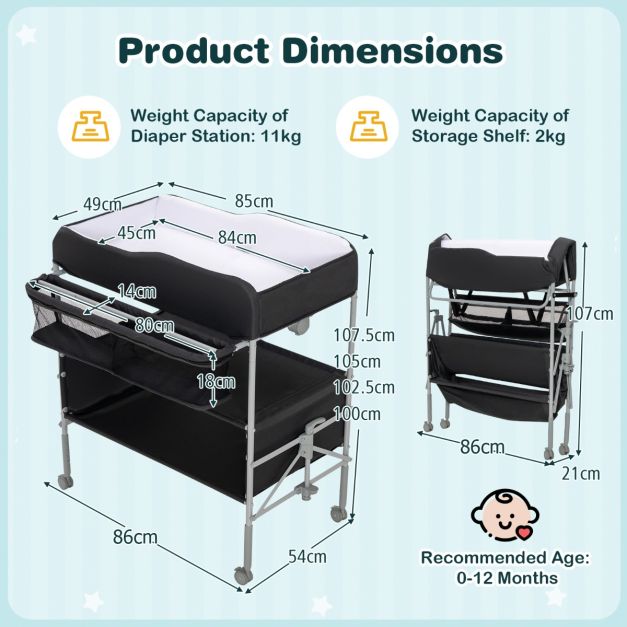 Folding Nursery Changing Table with Lockable Wheels and Storage Basket-Black