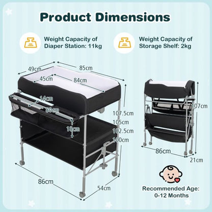 Folding Nursery Changing Table with Lockable Wheels and Storage Basket-Black