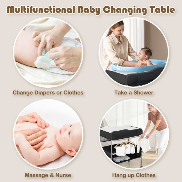 Folding Nursery Changing Table with Lockable Wheels and Storage Basket-Black