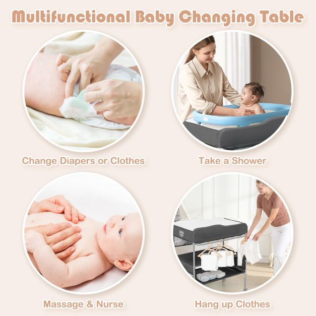 Folding Nursery Changing Table with Lockable Wheels and Storage Basket-Grey