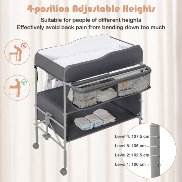 Folding Nursery Changing Table with Lockable Wheels and Storage Basket-Grey