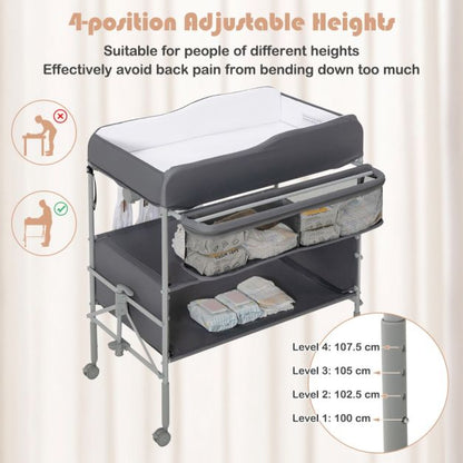Folding Nursery Changing Table with Lockable Wheels and Storage Basket-Grey