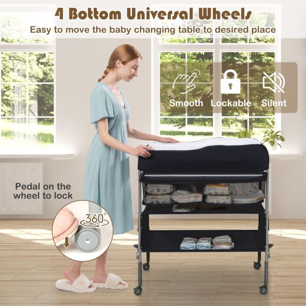 Folding Nursery Changing Table with Lockable Wheels and Storage Basket-Black