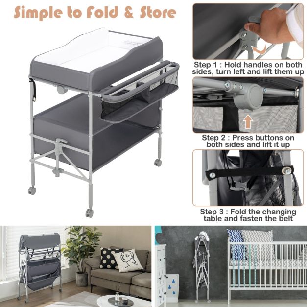Folding Nursery Changing Table with Lockable Wheels and Storage Basket-Grey