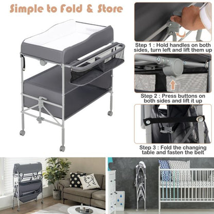 Folding Nursery Changing Table with Lockable Wheels and Storage Basket-Grey