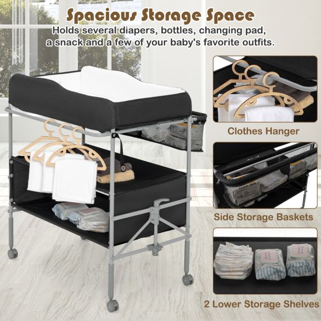 Folding Nursery Changing Table with Lockable Wheels and Storage Basket-Black