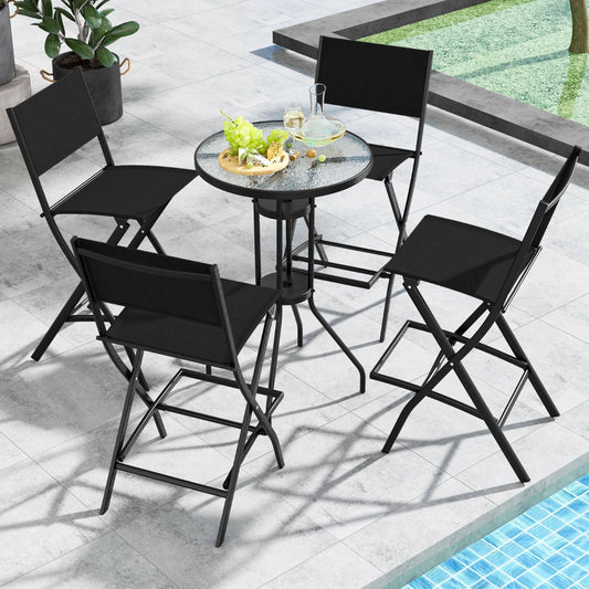 Folding Outdoor Bar Chair Set of 4 with Metal Frame and Footrest-Black