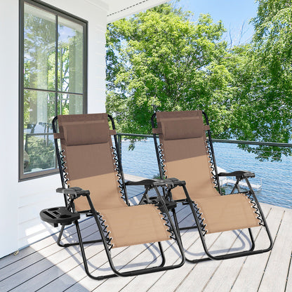 Folding Patio Recliners with Removable Headrest and Cup Holder Set of 2-Beige
