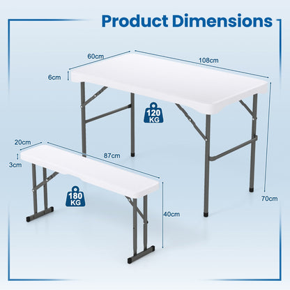Folding Picnic Table Bench Set with Wood Grain HDPE Tabletop-White