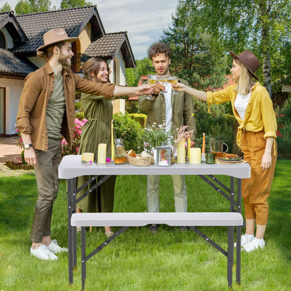 Folding Picnic Table Bench Set with Wood Grain HDPE Tabletop-White