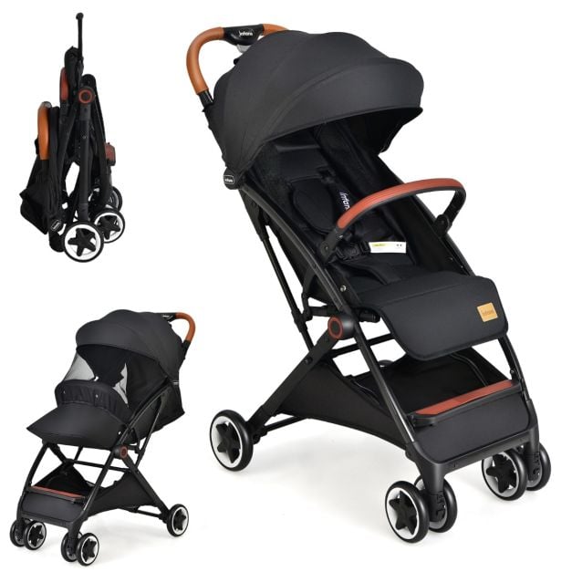 Folding Pushchair with Adjustable Backrest and Footrest-Black