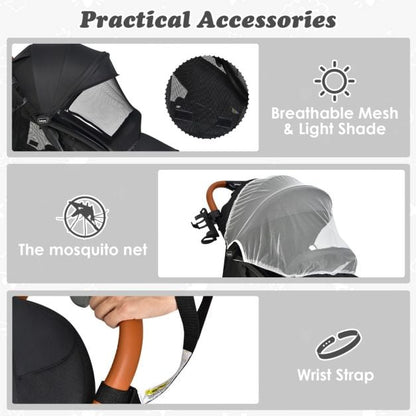 Folding Pushchair with Adjustable Backrest and Footrest-Black