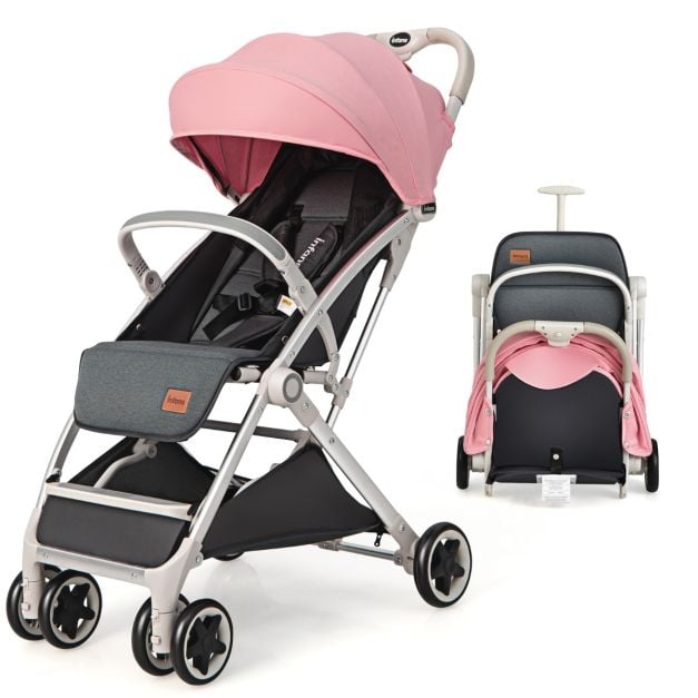 Folding Pushchair with Adjustable Backrest and Footrest-Pink