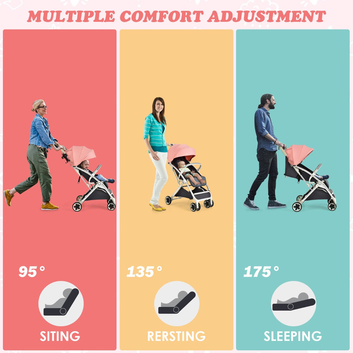 Folding Pushchair with Adjustable Backrest and Footrest-Pink