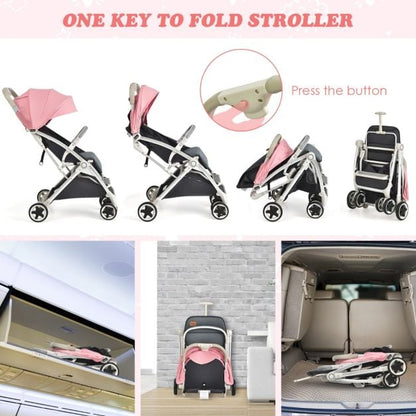 Folding Pushchair with Adjustable Backrest and Footrest-Pink