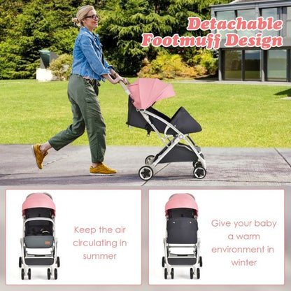 Folding Pushchair with Adjustable Backrest and Footrest-Pink