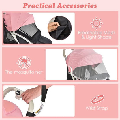 Folding Pushchair with Adjustable Backrest and Footrest-Pink