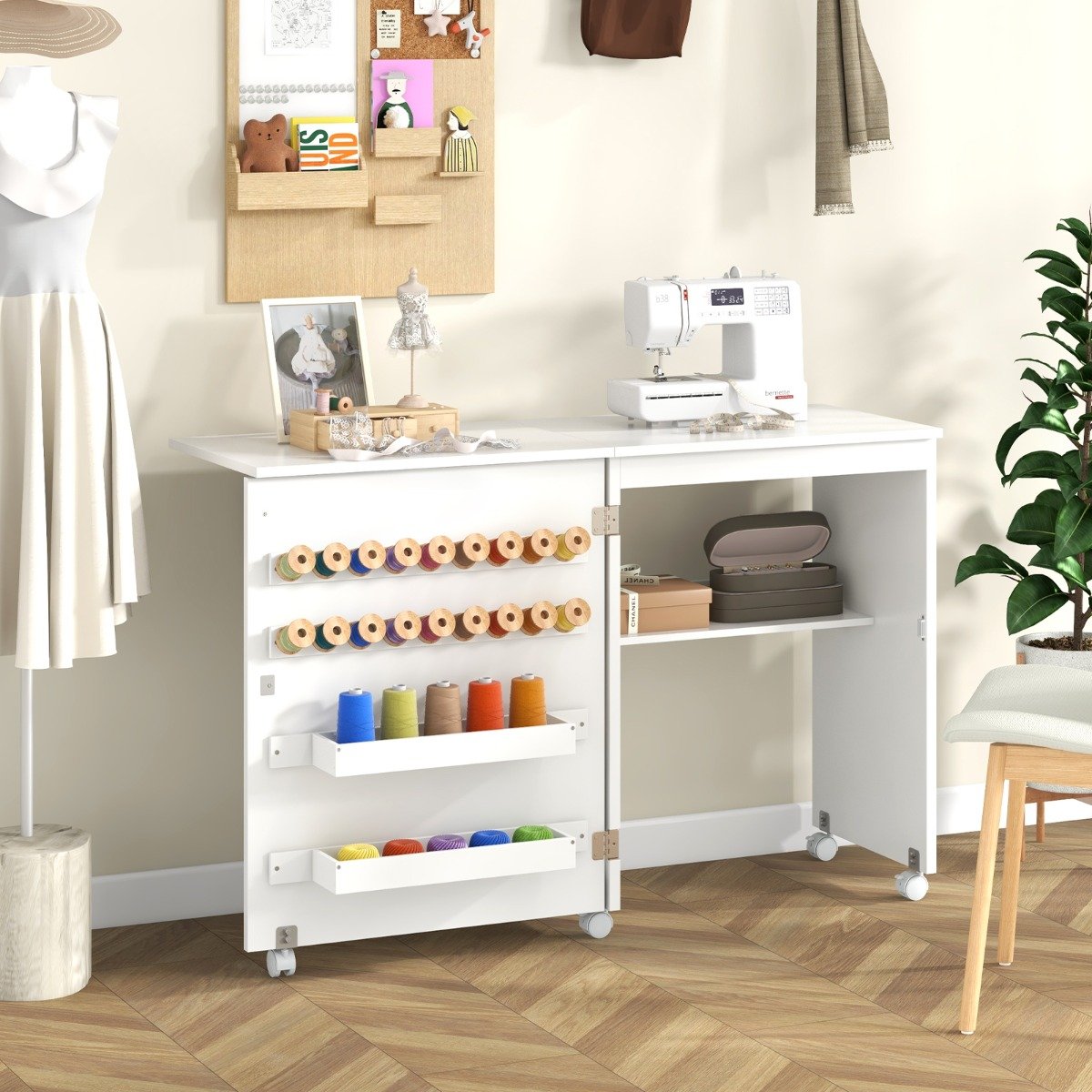 Folding Sewing Table with Storage Shelf and 5 Lockable Wheels-White