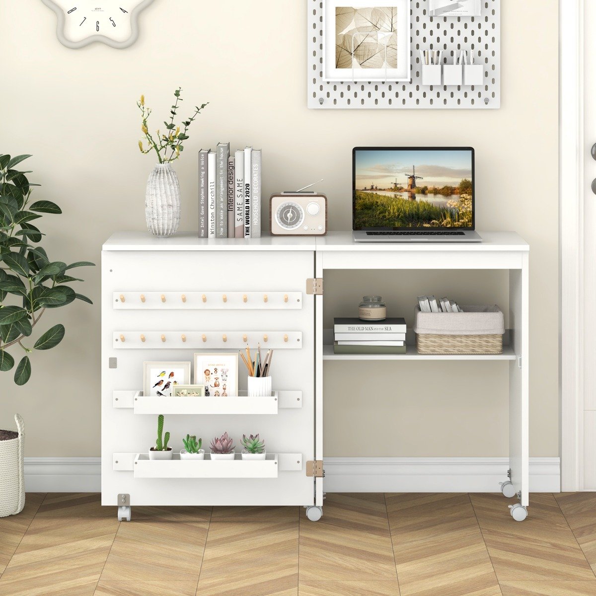 Folding Sewing Table with Storage Shelf and 5 Lockable Wheels-White