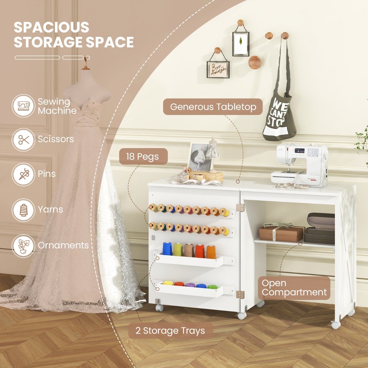 Folding Sewing Table with Storage Shelf and 5 Lockable Wheels-White