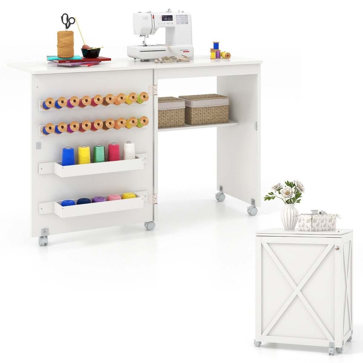 Folding Sewing Table with Storage Shelf and 5 Lockable Wheels-White