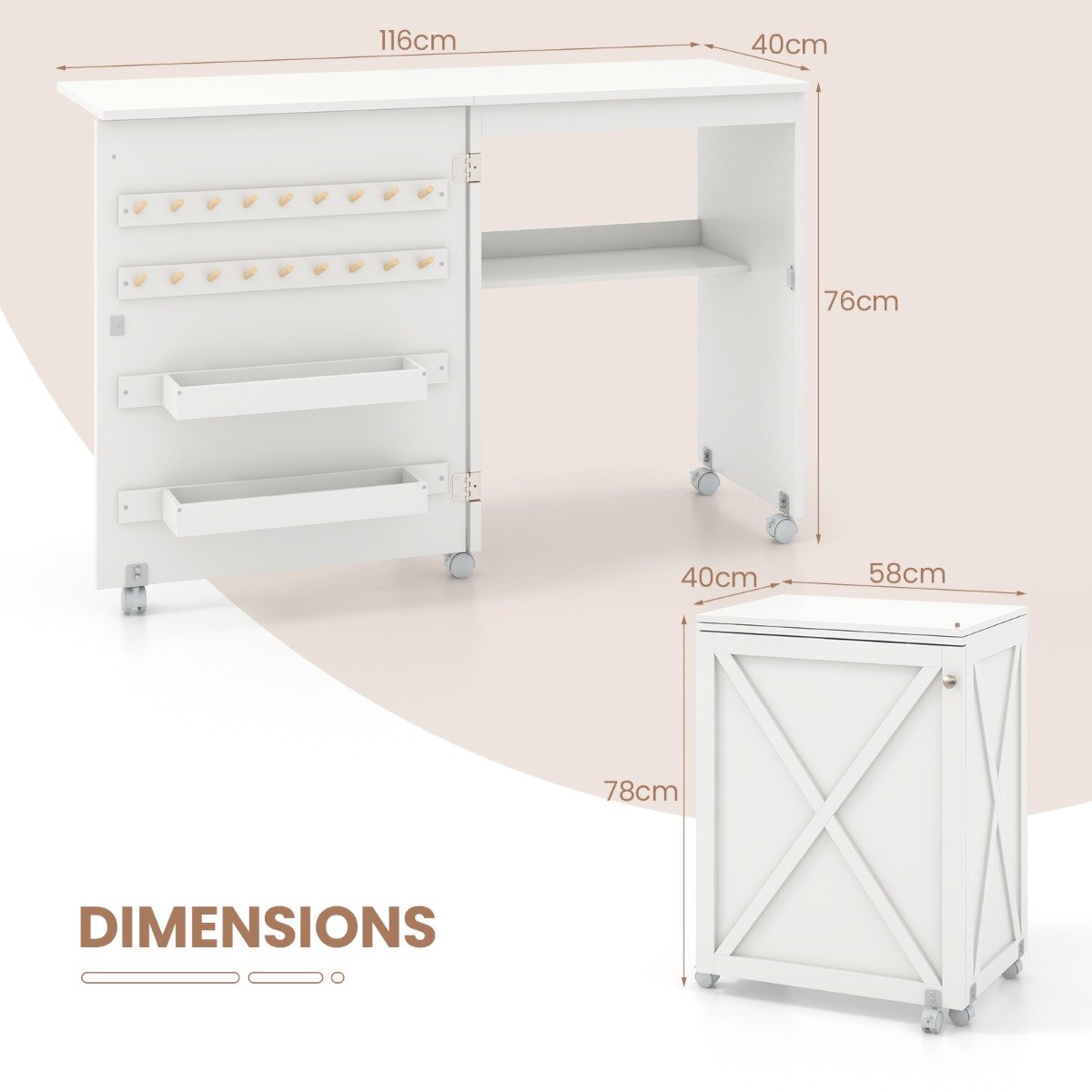 Folding Sewing Table with Storage Shelf and 5 Lockable Wheels-White