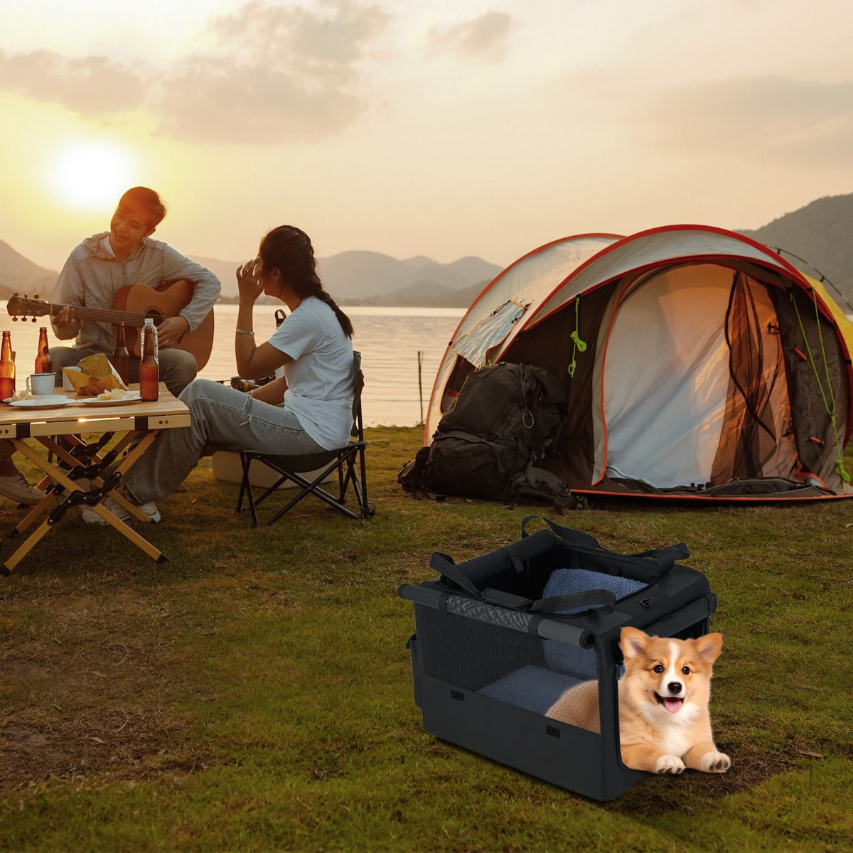 Foldable Dog Crate with Openings and Window Mesh Inner Basket-S