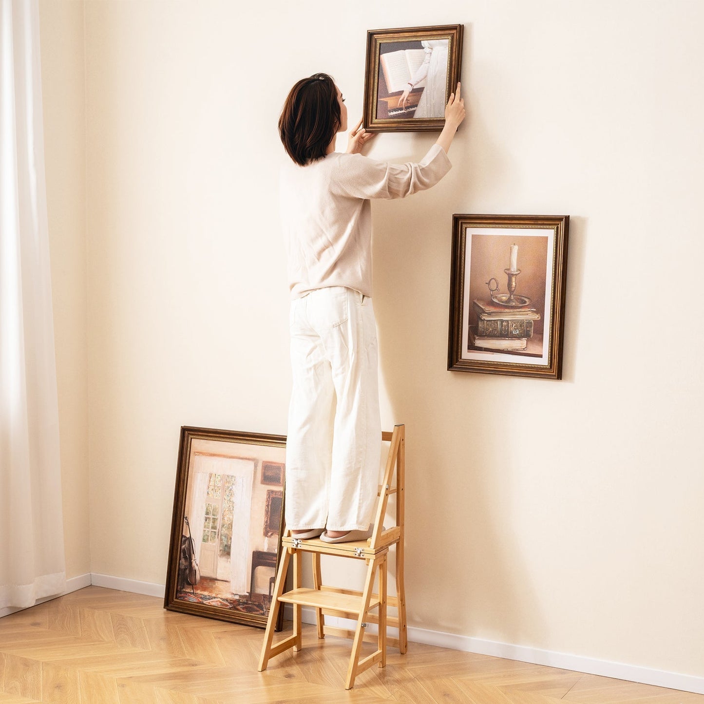 Convertible Step Stool and Chair with Safety Locks for Adults-Natural