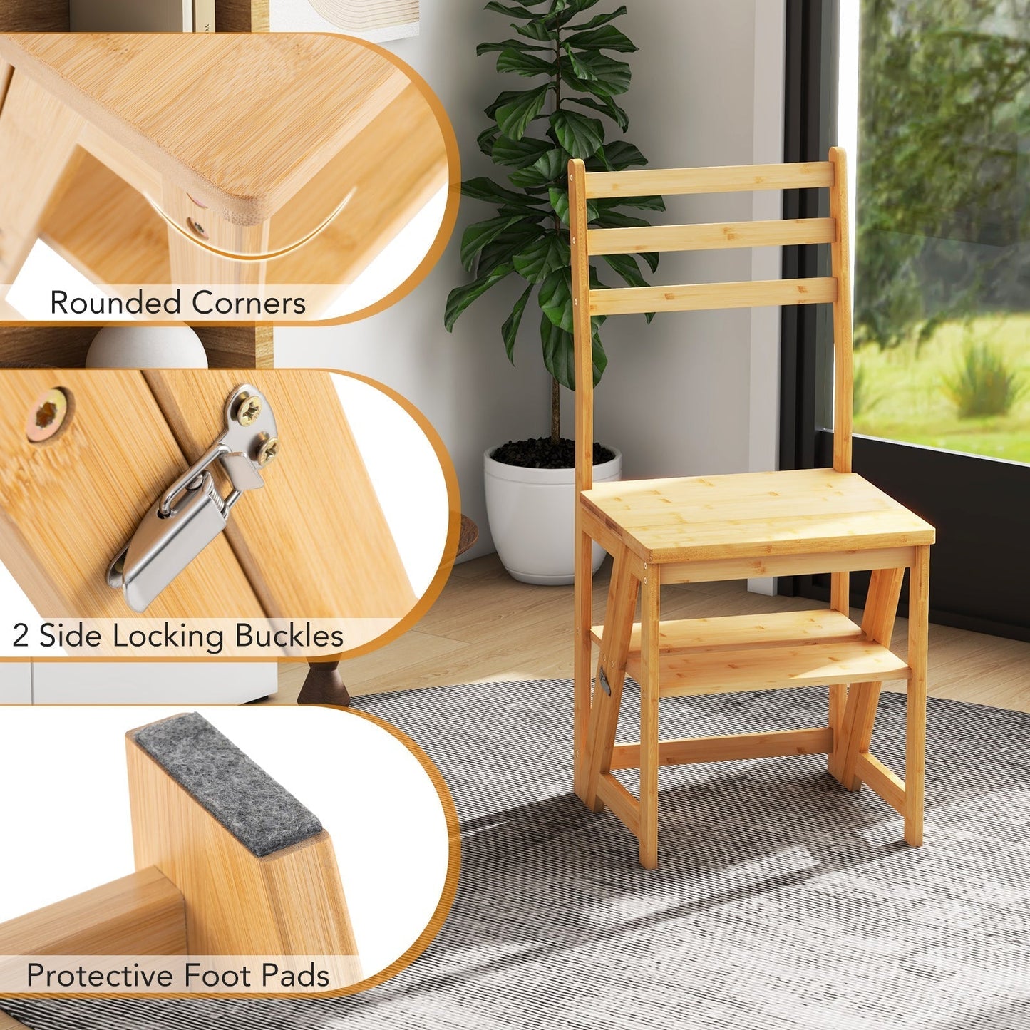 Convertible Step Stool and Chair with Safety Locks for Adults-Natural