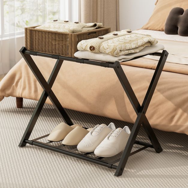 Suitcase Stand Foldable Luggage Stand Luggage Rack Metal for Bedroom Black