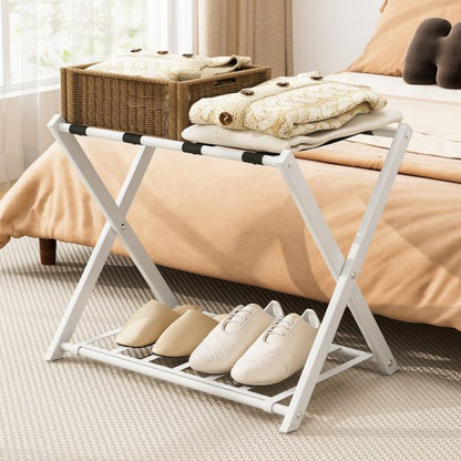 Folding Suitcase Stand with Storage Shelf for Guest Room Bedroom-White
