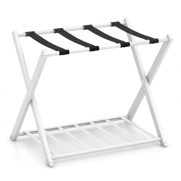 Folding Suitcase Stand with Storage Shelf for Guest Room Bedroom-White