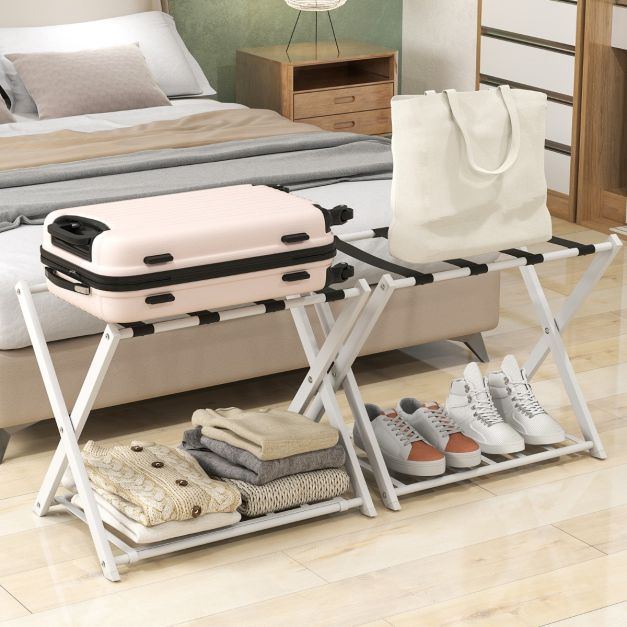 Folding Suitcase Stand with Storage Shelf for Guest Room Bedroom-White