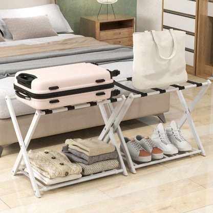 Folding Suitcase Stand with Storage Shelf for Guest Room Bedroom-White