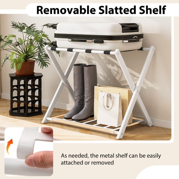 Folding Suitcase Stand with Storage Shelf for Guest Room Bedroom-White