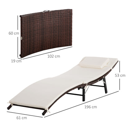 Outsunny Rattan Sun Lounger Garden Furniture Folding Outdoor Chair Wicker Weave Bed with Cushion and Pillow, Cream White